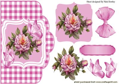 Pink Roses on Gingham Topper with Butterflies & Card