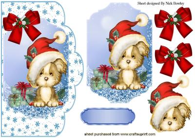 Blue Snowflakes with Puppy in Santa Hat Topper & Card
