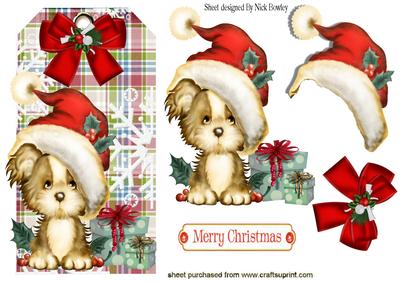 Christmas Puppy in Santa Hat on a Tartan Tag