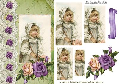 Pretty Vintage Girl in the Rain on Lace, Roses Pyramids