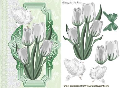 White Tulips and Doves on Lace on a Plaque