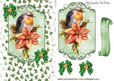 Red Robin on a Plaque with Holly, & Poinsettias