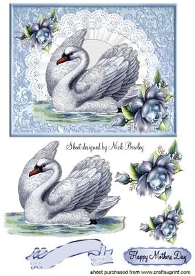 Beautiful Vintage Swan on Lace with Blue Roses