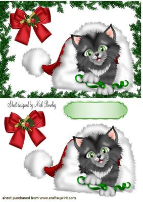 Christmas Kitty in Santa Hat in Holly Frame