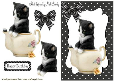 Cute Kitty in a Teapot in Polkadot Frame