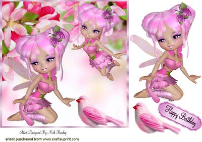 Spring Pink Faeries with Little Bird 7x7