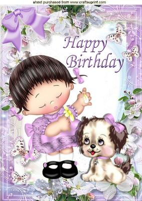 Little Girl with Her Puppy in Lilac Flower Frame A4