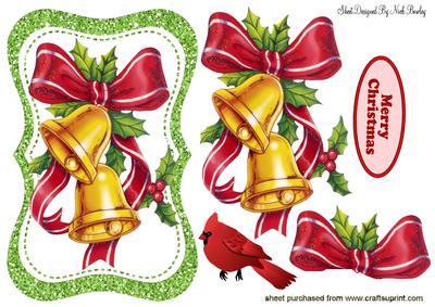 Christmas Bells, with Cardinal in Glitter Frame