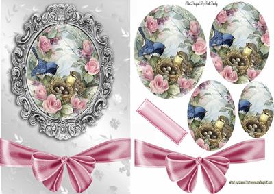 Pretty Pink Roses & Birds with Big Bow Oval Pyramids