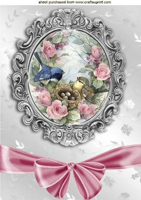 Pretty Birds in a Birds Nest in Ornate Frame A4