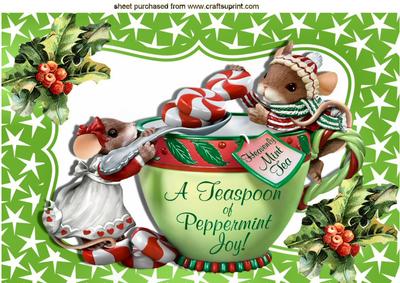 Christmas Mice in a Teacup with Holly in Star Frame A4