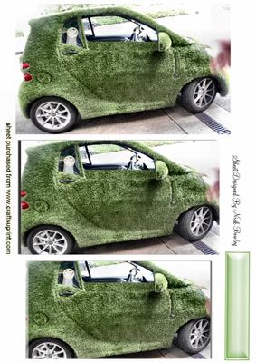 Smart Car Covered in Green Grass Pyramids