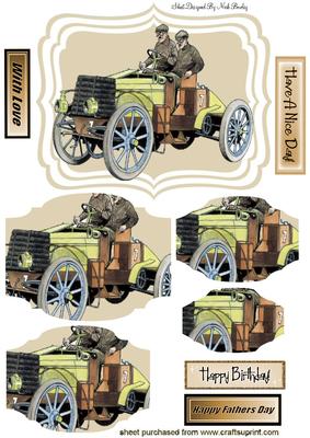 Old Vintage Car with Men in Caps Bracket Pyramids