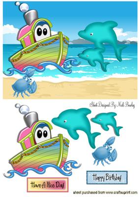 Little Toony Tugboat on the Beach with Dolphins