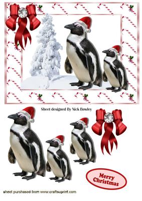 Penguins in Santa Hats in Candy Cane Frame