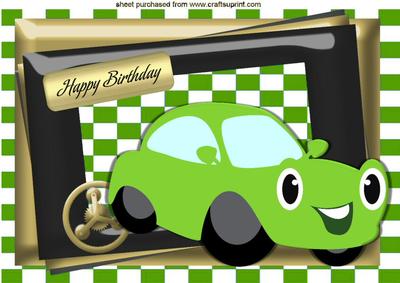 Green Toony Car in Check Frame A4