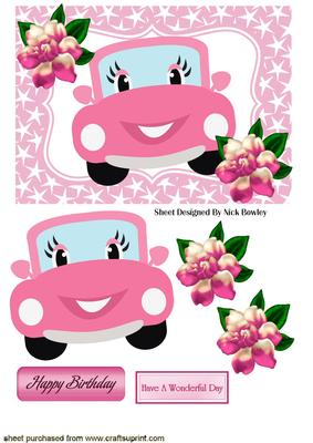 Pink Toony Car with Eyelashes, & Roses