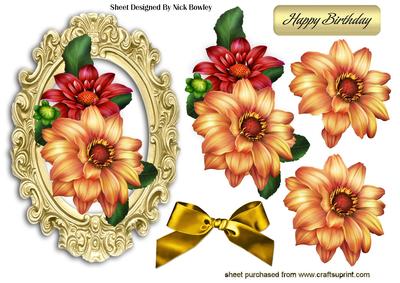 Pretty Peach/red Dahlias in Ornate Gold Frame