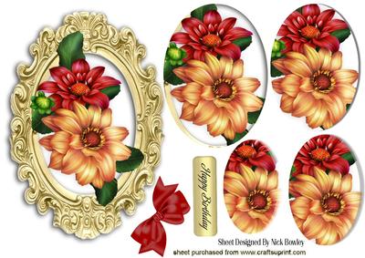 Peach/red Dahlias in Ornate Frame Oval Pyramids