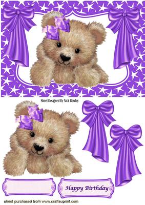 Little Fuzzy Bear with Purple Bows in Star Frame