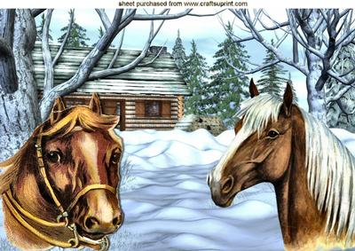 Cottage in the Snow with Horses A4
