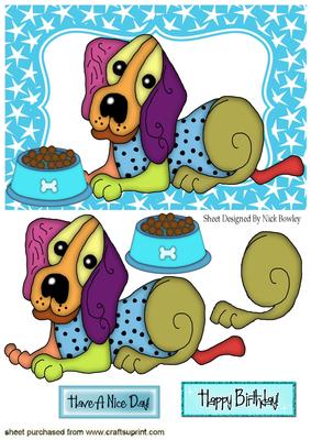 Funky Toony Dog with Dog Bowl in Blue Star Frame
