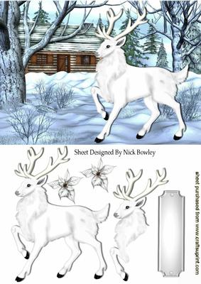 White Stag with Cottage in the Snow