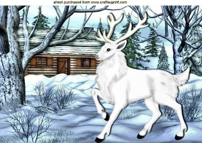 White Stag with Cottage in the Snow A4