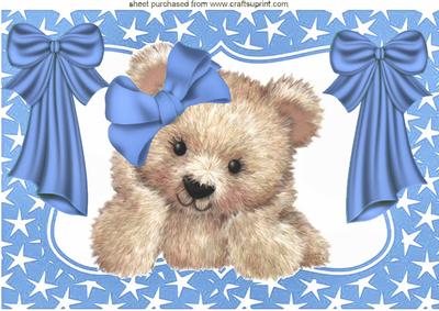 Fuzzy Bear in Star Frame with Blue Bows A4