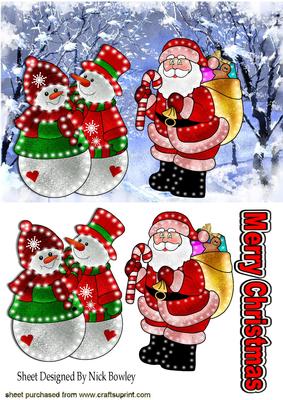Illuminated Santa with Snowmen in Snow Scene