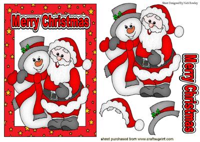 Happy Santa with Snowman in Star Frame
