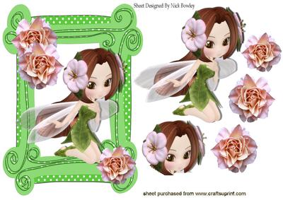Pretty Faerie in Green Scroll Frame with Pink Roses