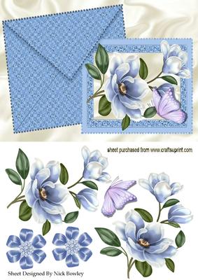 Blue Magnolia on Card & Envelope with Butterfly