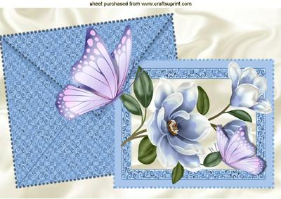 Blue Magnolia on Card & Envelope with Butterfly A4