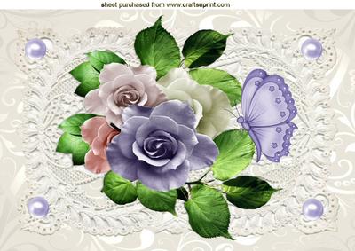Pretty Lilac/pink Roses on Vintage Lace A4