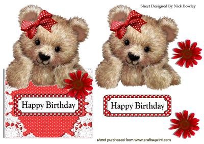 Bear in Red Gingham Bow with Lace Over the Edge Crd
