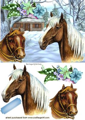 Cottage with Flowers and Horses in the Snow