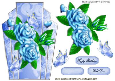 Shades of Blue Roses, Art Deco Topper with Butterflies