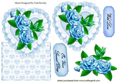 Shades of Blue Roses on Frill Heart Over the Edge Crd
