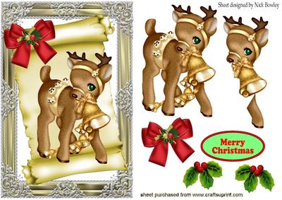 Little Reindeer on a Scroll, with Bow & Holly