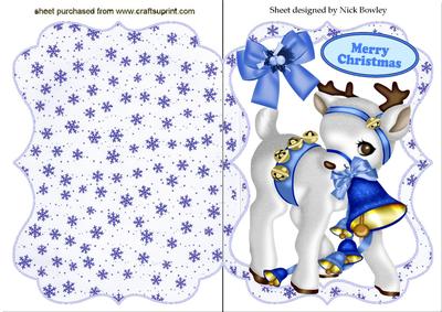 Little Reindeer on Blue Snowflake Bracket Card