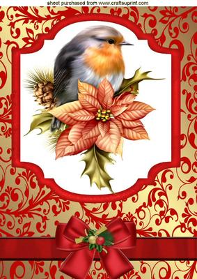 Robin on a Plaque with Poinsettias and Bow A4