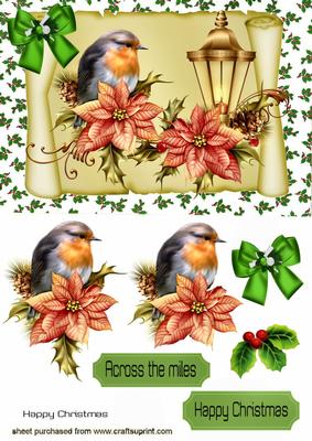 Robin with Poinsettias, on a Scroll with Holly
