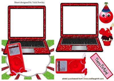 Red Glitter Laptop & Mp3, with Cupcake Over the Edge Crd