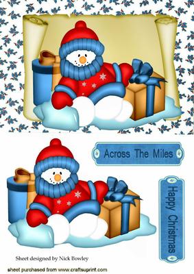 Snowman in Blue, with Presents on a Scroll