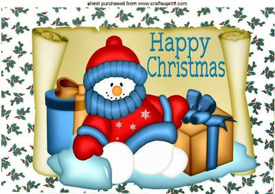 Snowman in Blue, with Presents on a Scroll A4