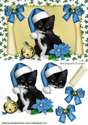 Black Kitten in Blue Santa Hat on a Scroll