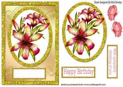 Pink Lillies in Glitter Gold Frame with Butterflies