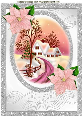 Pretty Pink Poinsettias with Snow Scene in Glitter A4