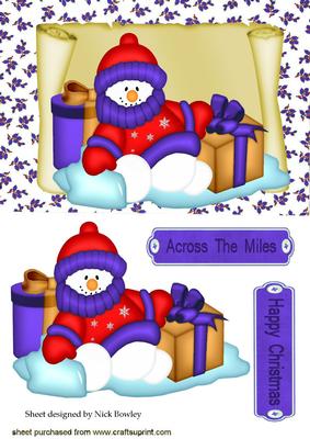 Snowman in Purple with Lots of Presents on a Scroll